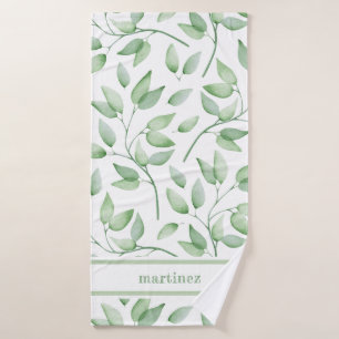 Toalha De Banho Sage Green Watercolor Leaves e Nome
