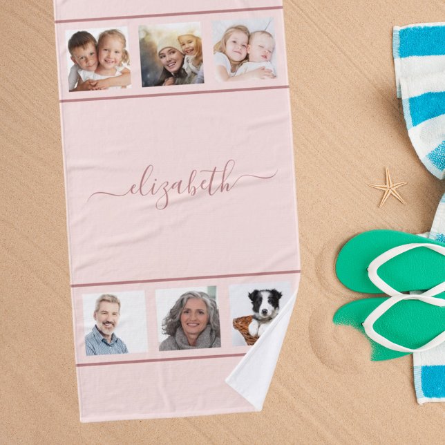 Toalha De Banho script monograma de colagem de rosa gold (Criador carregado)