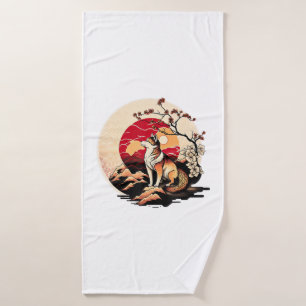 Toalha De Banho Shiba Inu Dog Sunset Ukiyo e Style