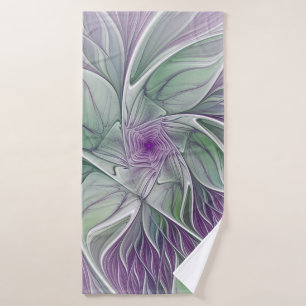 Toalha De Banho Sonho de Flor, Arte Fractal Verde Abstrato púrpura