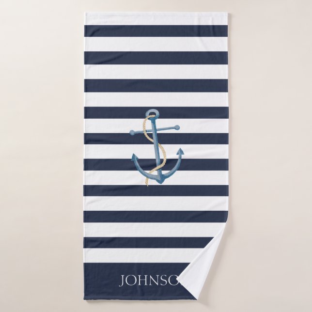 Toalha De Banho Striped Navy Anchor Nautical (Toalha de Banho)