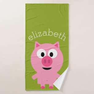 Toalha De Banho Suíno de Fazenda de Cartoon - Rosa e Verde limão
