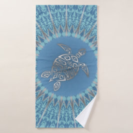 Toalha De Banho Tartaruga Prateada Azul e Mandala