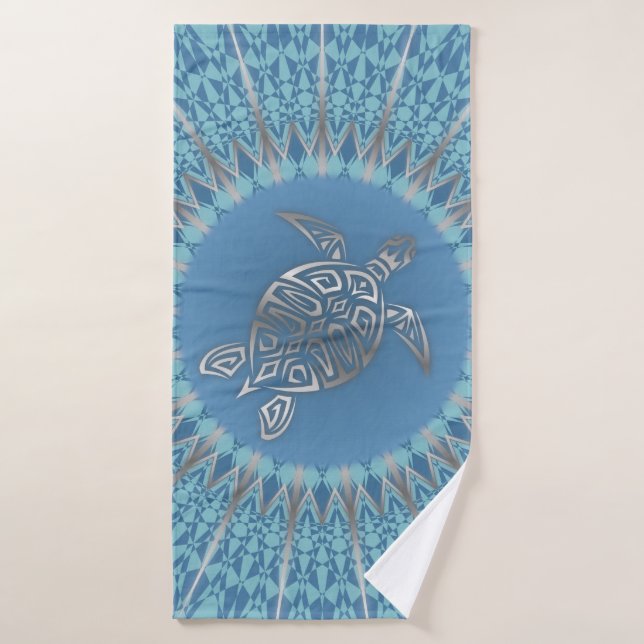 Toalha De Banho Tartaruga Prateada Azul e Mandala (Toalha de Banho)