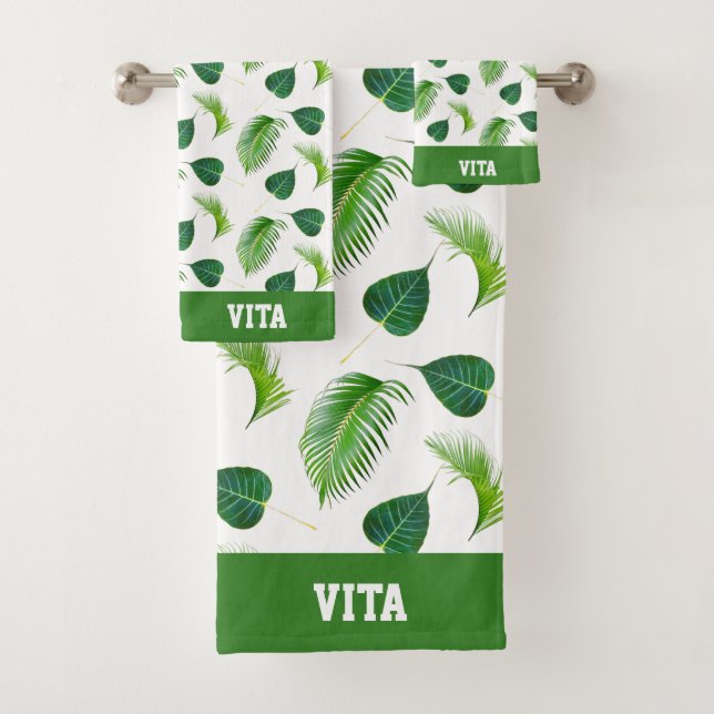 Toalha de Banho Text e Folhas Verdes em Branco Se (Insitu)