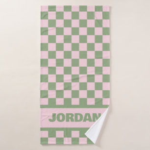 Toalha De Banho Toque de xeque rosa e verde com nome personalizado