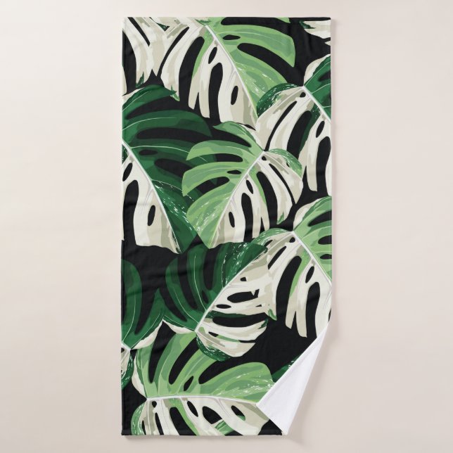 Toalha De Banho Tropical white green monstera leaf illustration. E (Toalha de Banho)