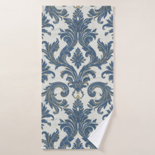 Toalha De Banho Vintage Blue e Dourado Barroco Damask