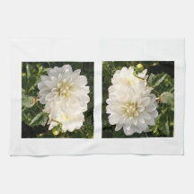 Toalha de cozinha com duas dahlias brancas elegant