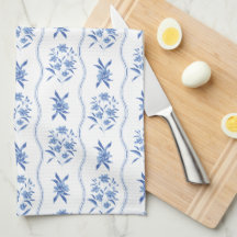 Toalha de Cozinha Floral Azul e Branco Elegante