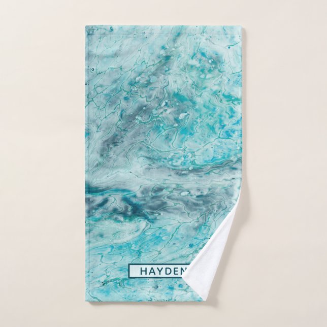 Toalha De Mão A pintura abstrata de turquesa derrama o monograma (Toalha de mão)