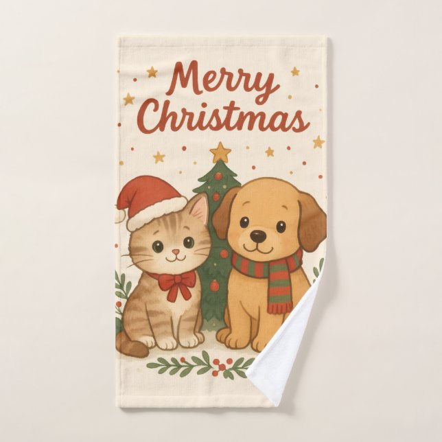 Toalha De Mão Alegria de Natal de Cachorrinho e Gatito (Toalha de mão)