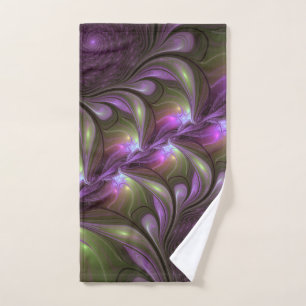 Toalha De Mão Arte Fractal de Khaki, Abstrato violeta e colorida