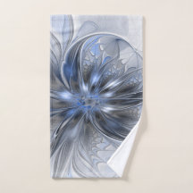 Arte Fractal Floral Abstrata em Aquarela Azul Cinz