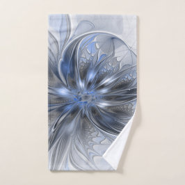 Toalha De Mão Arte Fractal Floral Abstrata em Aquarela Azul Cinz