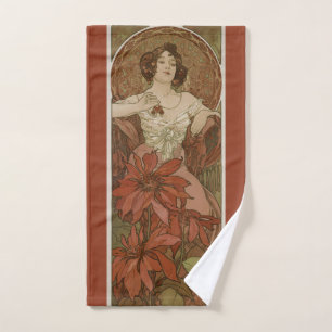 Toalha De Mão Arte Novo Rubi Vintage Floral Alphonse Mucha