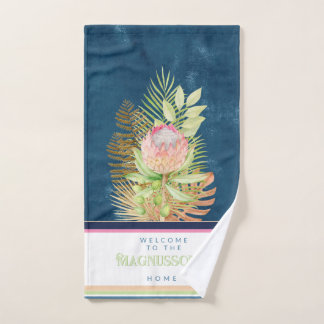 Toalha De Mão Belas flores tropicais em azul batik personalizado