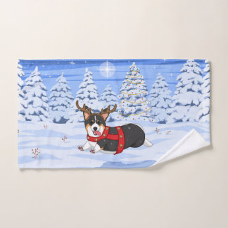Toalha De Mão Bonita Negra Corgi, Reindeja de Natal