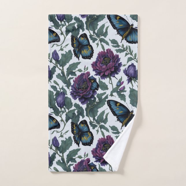 Toalha De Mão Borboletas florais magenta púrpura de ameixa de vi (Toalha de mão)