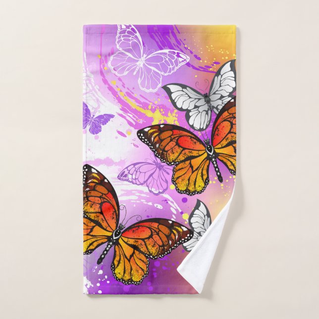 Toalha De Mão Borboletas Monarcas em Fundo Roxo (Toalha de mão)