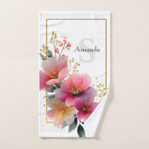 Toalha De Mão Borda Floral Cor de Água Elegante Rosa com Dourado