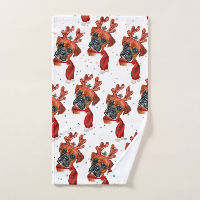 Toalha De Mão Caixa de Cão Boxer com Antleres de Rena Natal (Toalha de mão)