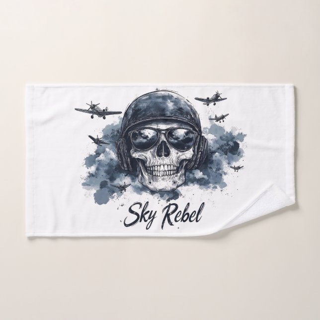 Toalha De Mão Caveira do Céu Rebelde com Capacete Piloto e Óculo (Toalha de mão)