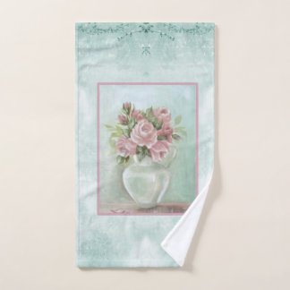 Toalha De Mão Chique Vintage, Rosas Rosa Vitorianas no Teal