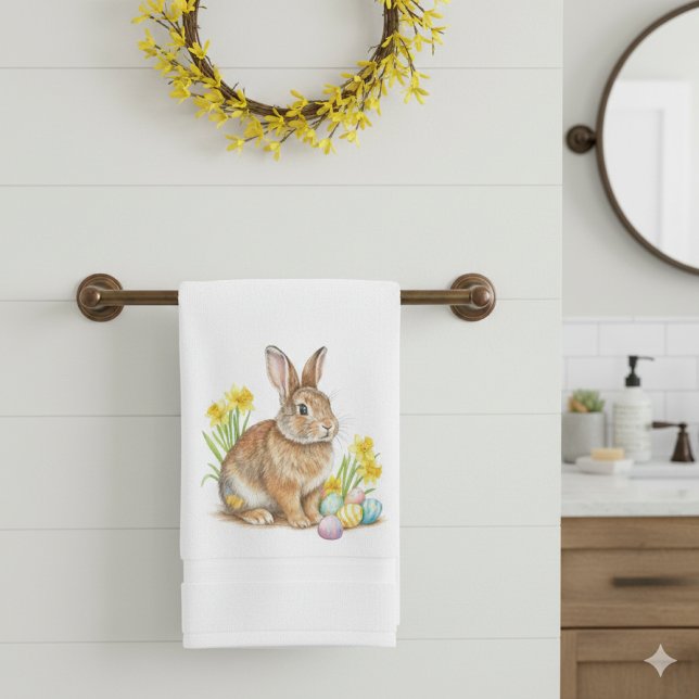 Toalha de Mão Coelho de Páscoa (Decorate your bathroom with watercolor illustrated wild rabbit hand towel. Perfect for spring/Easter)