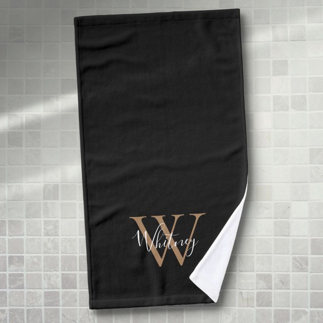 Toalha de mão com monograma de ouro preto moderno  (Modern Black Gold Monogram Elegant Script Name Hand Towel)