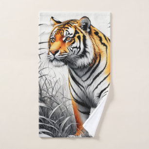 Toalha De Mão Cor de Arte Tigre Desenho Branco Parcial Preto
