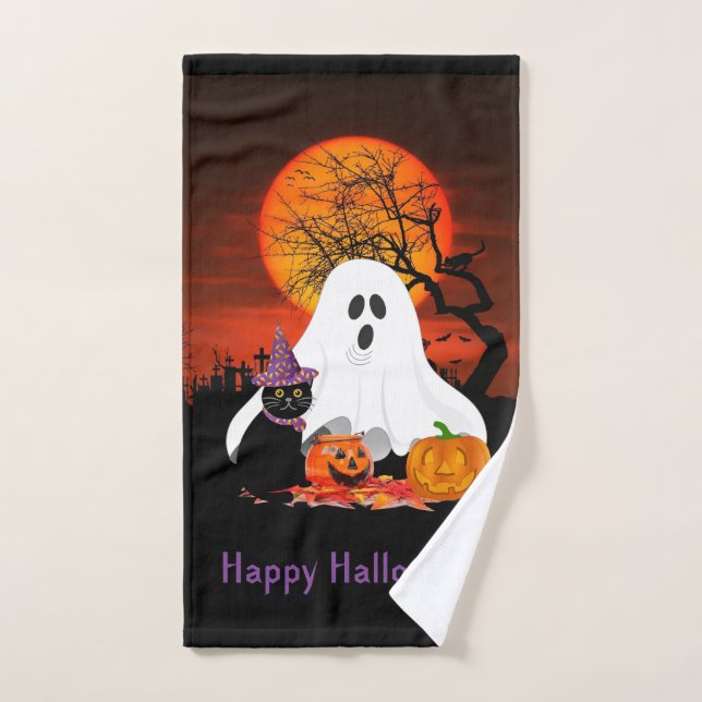 Toalha de mão de Halloween Fantasma Abóbora Gato A (Toalha de mão)