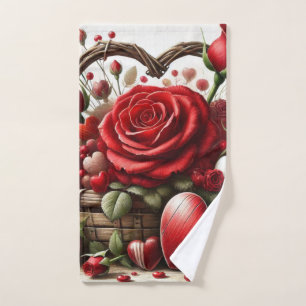 Toalha De Mão Dia dos Namorados Rosa Vermelha e Corações