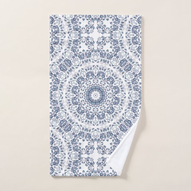 Toalha De Mão Dusty Blue White Floral Mandala (Toalha de mão)