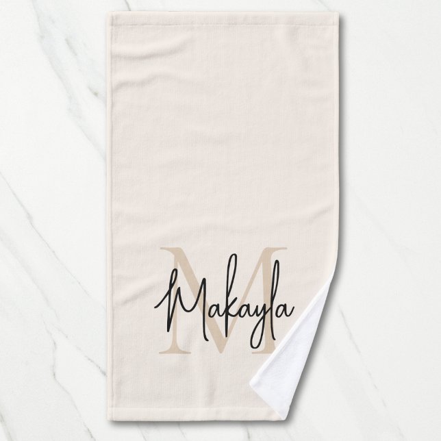 Toalha De Mão Elegante Monograma Simples Nome em Script Bege (Criador carregado)