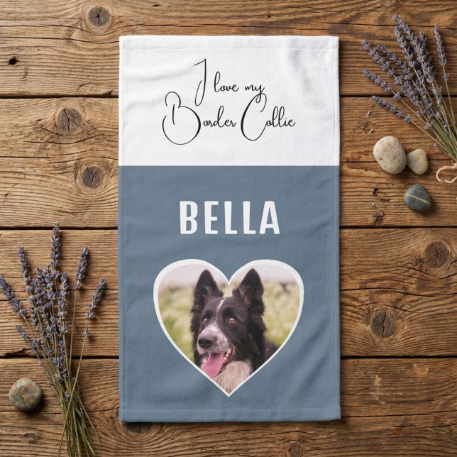 Toalha De Mão Eu amo minha foto de Cachorro Collie na fronteira  (Criador carregado)
