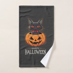 Toalha De Mão Feliz Dia das Bruxas Gato Preto Desenho de Abóbora