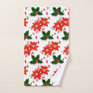 Toalha De Mão Feliz Natal Poinsettia Vermelha e Folhas de Azevin