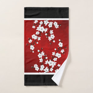 Toalha De Mão Flor Cerejeira Vermelho Preto Branco Floral