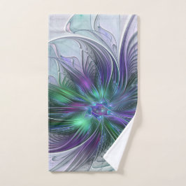 Toalha De Mão Flor Moderna Abstrata Fractal Verde Roxo