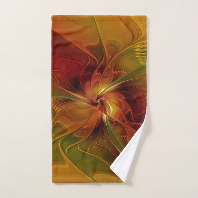 Toalha De Mão Flor verde-laranja-abstrato Vermelho Castanho-Cast (Toalha de mão)