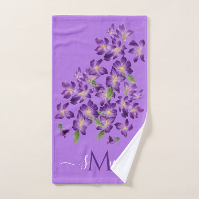 Toalha De Mão Floral Elegante Violeta Roxo Monograma (Toalha de mão)