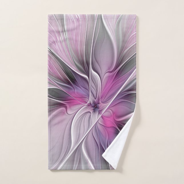 Toalha De Mão Floral Fractal Moderno Abstrato Flor Rosa Cinza (Toalha de mão)