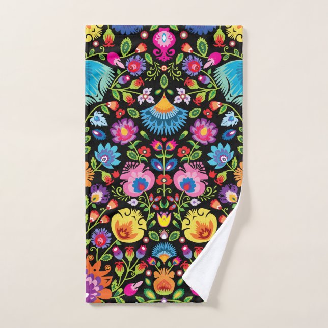 Toalha De Mão Flores folclóricas Wycinanki preto  (Toalha de mão)