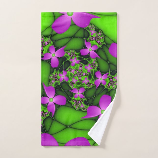 Toalha De Mão Flores Fractais Verdes Rosa-Rosa-Abstrato modernas (Toalha de mão)