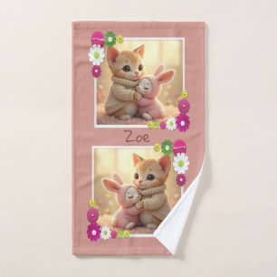 Toalha De Mão Gato adorável e pequeno coelho bebê, personalizado