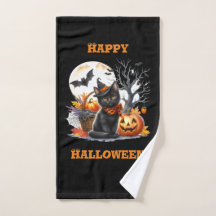 Toalha de Mão Gato Feliz de Halloween e Abóbora Ja