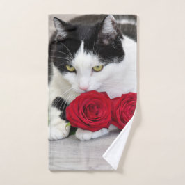Toalha De Mão Gato fofo com a rosa vermelha