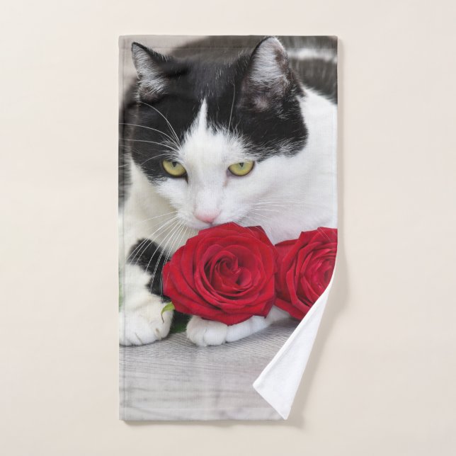 Toalha De Mão Gato fofo com a rosa vermelha (Toalha de mão)