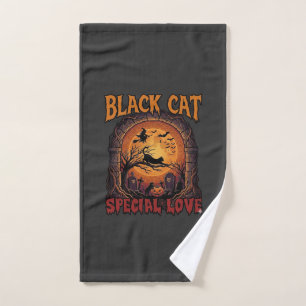 Toalha De Mão Gato Preto Amor Especial Halloween Lua Bruxa Abóbo